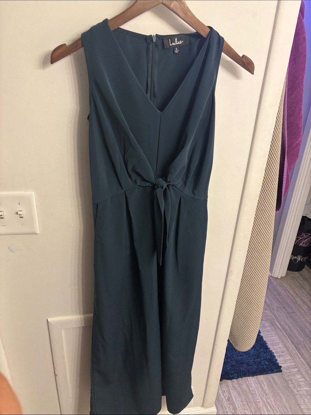 Lulu's Dark Teal V-Neck Tie-Waist Jumpsuit